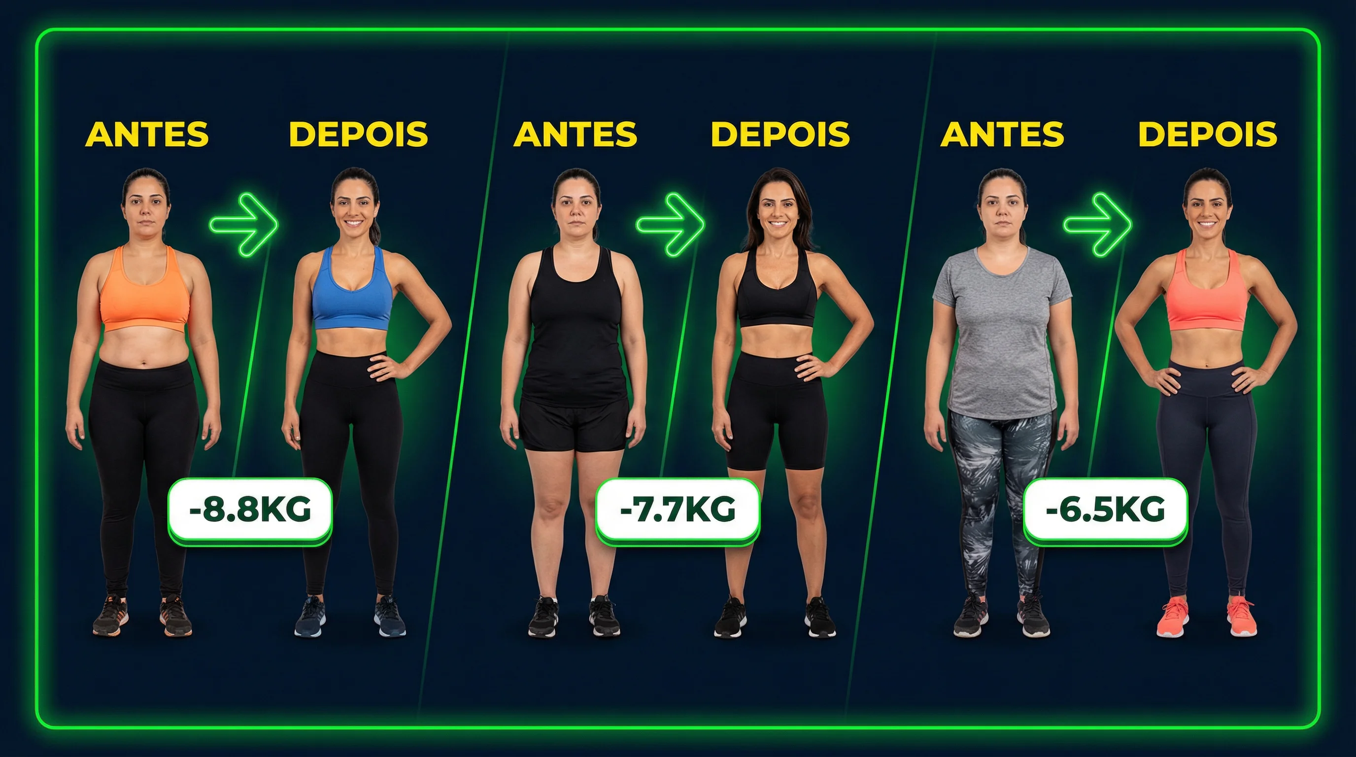 Montagem com 3 transformações reais: -8.8kg, -7.7kg e -6.5kg